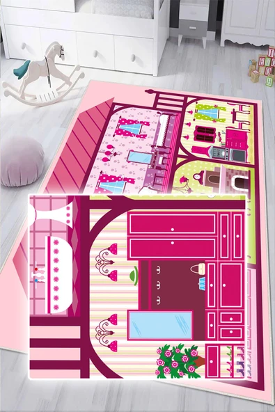 Dijital Baskılı Dekoratif Kaymaz Taban Yıkanabilir Prenses Evi Temalı Modern Çocuk Halısı 80x300 cm Pembe - Resim 4