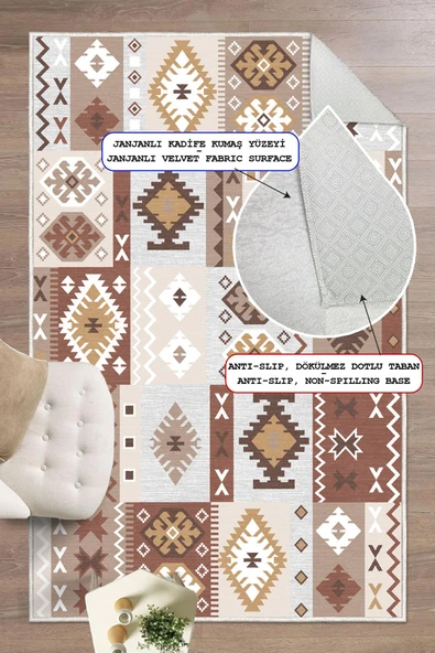 Dijital Baskılı Dekoratif Kaymaz Taban Yıkanabilir Kilim Desen Halı Salon Halısı Yolluk Mutfak Halısı 100x250 cm Kahverengi ürün görseli