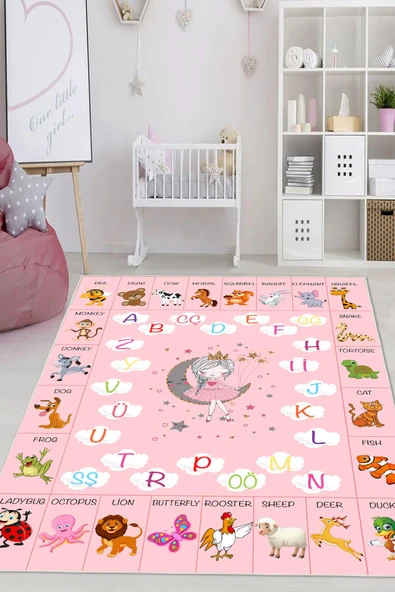 Dijital Baskılı Dekoratif Kaymaz Taban Yıkanabilir Alfabe Temalı Modern Çocuk Halısı 60x100 cm Pembe - 1