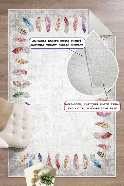 Dijital Baskılı Dekoratif Kaymaz Taban Yıkanabilir Tüy Desen Halı Salon Halısı Yolluk Mutfak Halısı 160x200 cm Gri - 3