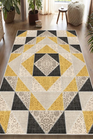 Dijital Baskılı Dekoratif Kaymaz Taban Yıkanabilir Kilim Desen Halı Salon Halısı Yolluk Mutfak Halısı 160x200 cm Siyah ürün görseli