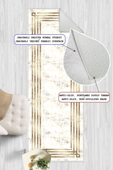 Dijital Baskılı Dekoratif Kaymaz Taban Yıkanabilir Çerceveli Yolluk Antre Hol Halısı Salon Halısı 100 x 400 cm Gold - Resim 2