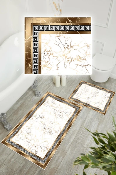 Dijital Baskı Çerçeveli Kaymaz Taban 2li Set Banyo Paspası Klozet Takımı (50x60cm-60x100cm) Gold Tek Ebat - Resim 3