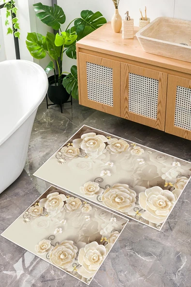 Dijital Baskı Gül Desen Kaymaz Taban 2li Set Banyo Paspası Klozet Takımı (50x60cm-60x100cm) Krem Tek Ebat ürün görseli