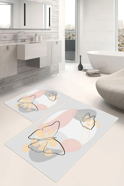 Dijital Baskı Kelebek Desen Kaymaz Taban 2li Set Banyo Paspası Klozet Takımı (50x60cm-60x100cm) Gri Tek Ebat ürün görseli
