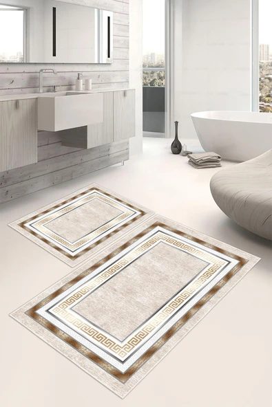 Dijital Baskı Çerçeveli Kaymaz Taban 2li Set Banyo Paspası Klozet Takımı (50x60cm-60x100cm) Krem Tek Ebat ürün görseli
