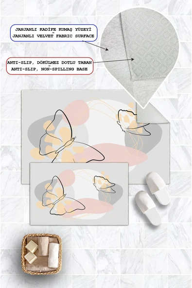 Dijital Baskı Kelebek Desen Kaymaz Taban 2li Set Banyo Paspası Klozet Takımı (50x60cm-60x100cm) Gri Tek Ebat - Resim 3