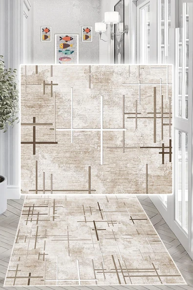 Dijital Baskılı Dekoratif Kaymaz Taban Yıkanabilir Kilim Yolluk Antre Hol Halısı Salon Halısı 100 x 200 cm Bej - Resim 2