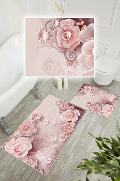 Dijital Baskı Gül Desen Kaymaz Taban 2li Set Banyo Paspası Klozet Takımı (50x60cm-60x100cm) Pembe Tek Ebat - Resim 3