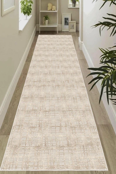 Dijital Baskılı Dekoratif Kaymaz Taban Yıkanabilir Modern Yolluk Antre Hol Halısı Salon Halısı 80 x 400 cm Krem - 1