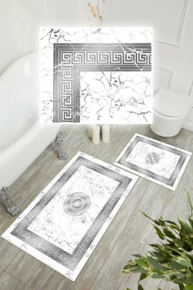 Dijital Baskı Mermer Desen Kaymaz Taban 2li Set Banyo Paspası Klozet Takımı (50x60cm-60x100cm) Gri Tek Ebat - Resim 3