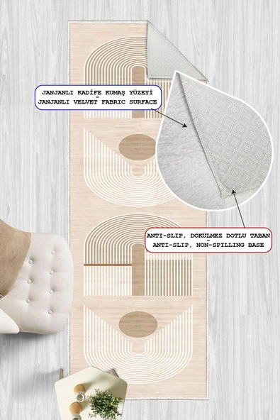 Dijital Baskılı Dekoratif Kaymaz Taban Yıkanabilir Modern Yolluk Antre Hol Halısı Salon Halısı 200 x 400 cm Krem - 2