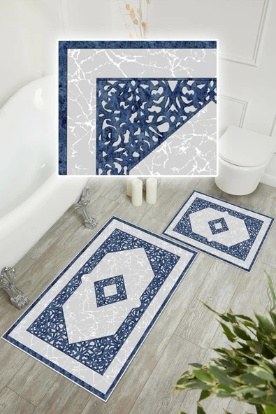 Dijital Baskı Klasik Kaymaz Taban 2li Set Banyo Paspası Klozet Takımı (50x60cm-60x100cm) Mavi Tek Ebat - Resim 3