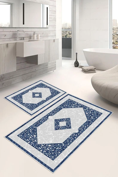 Dijital Baskı Klasik Kaymaz Taban 2li Set Banyo Paspası Klozet Takımı (50x60cm-60x100cm) Mavi Tek Ebat ürün görseli