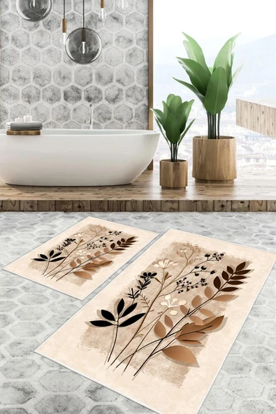 Dijital Baskı Yaprak Desen Kaymaz Taban 2li Set Banyo Paspası Klozet Takımı (50x60cm-60x100cm) Krem Tek Ebat ürün görseli