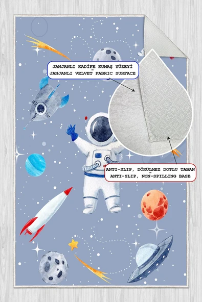 Dijital Baskılı Dekoratif Kaymaz Taban Yıkanabilir Uzay Temalı Modern Çocuk Halısı 100x300 cm Gri - Resim 2