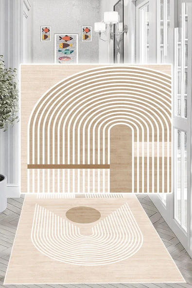 Dijital Baskılı Dekoratif Kaymaz Taban Yıkanabilir Modern Yolluk Antre Hol Halısı Salon Halısı 160 x 230 cm Krem - 3