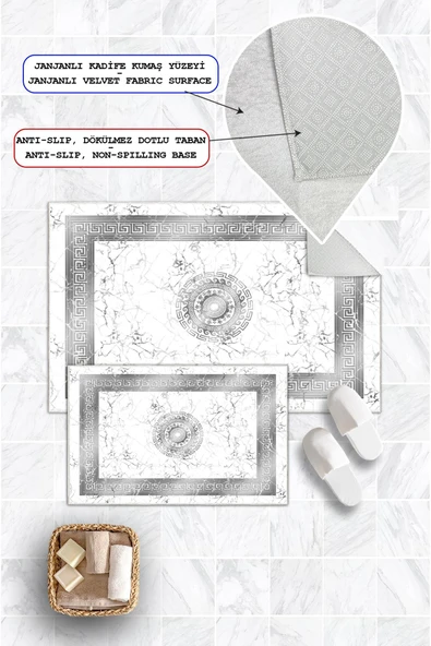 Dijital Baskı Mermer Desen Kaymaz Taban 2li Set Banyo Paspası Klozet Takımı (50x60cm-60x100cm) Gri Tek Ebat - Resim 2