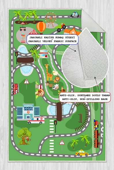 Dijital Baskılı Dekoratif Kaymaz Taban Yıkanabilir Trafik Parkı Temalı Modern Çocuk Halısı 100x150 cm Yeşil - Resim 2