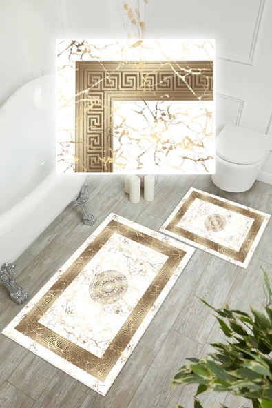 Dijital Baskı Mermer Desen Kaymaz Taban 2li Set Banyo Paspası Klozet Takımı (50x60cm-60x100cm) Gold Tek Ebat - 3