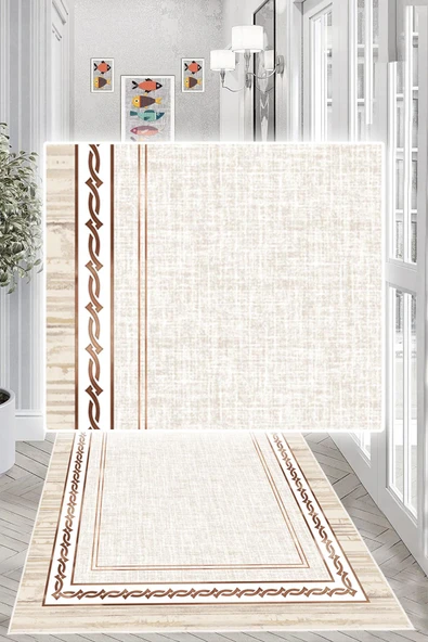 Dijital Baskılı Dekoratif Kaymaz Taban Yıkanabilir Çerceveli Yolluk Antre Hol Halısı Salon Halısı 160 x 250 cm Krem - Resim 2