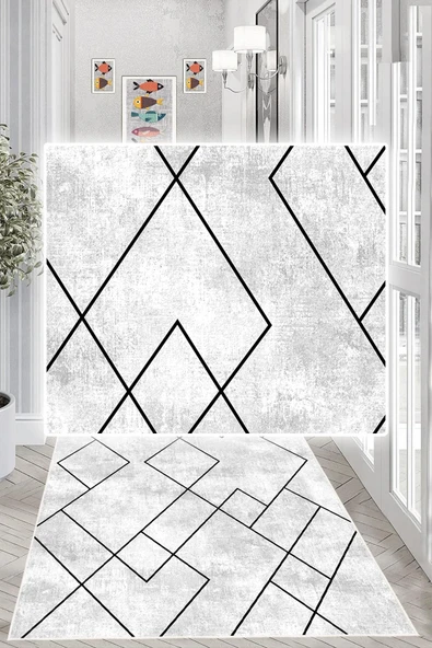 Dijital Baskılı Dekoratif Kaymaz Taban Yıkanabilir Geometrik Yolluk Antre Hol Halısı Salon Halısı 200 x 290 cm Gri - Resim 3