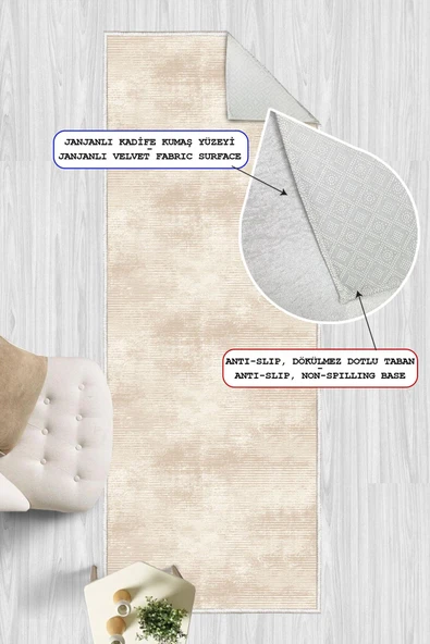 Dijital Baskılı Dekoratif Kaymaz Taban Yıkanabilir Modern Yolluk Antre Hol Halısı Salon Halısı 100 x 300 cm Krem ürün görseli