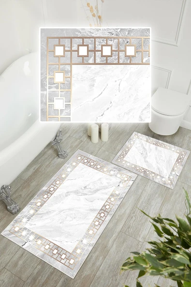 Dijital Baskı Klasik Kaymaz Taban 2li Set Banyo Paspası Klozet Takımı (50x60cm-60x100cm) Gri Tek Ebat - Resim 3