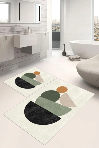 Dijital Baskı Art Serisi Kaymaz Taban 2li Set Banyo Paspası Klozet Takımı (50x60cm-60x100cm) Krem Tek Ebat - Resim 2