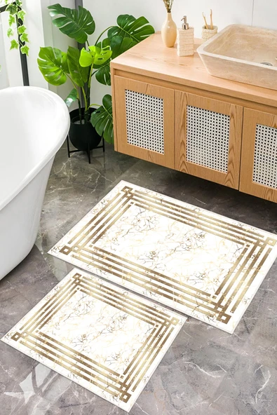 Dijital Baskı Mermer Desen Kaymaz Taban 2li Set Banyo Paspası Klozet Takımı (50x60cm-60x100cm) Gold Tek Ebat ürün görseli