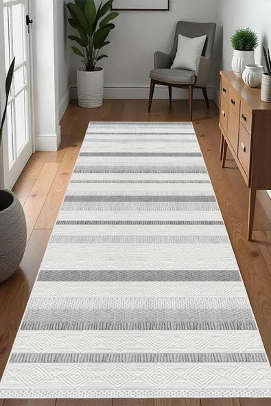 Dijital Baskılı Dekoratif Kaymaz Taban Yıkanabilir Çizgisel Desen Yolluk Antre Hol Halısı Salon Halısı 80 x 500 cm Gri - Resim 2