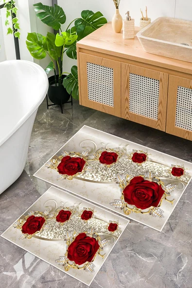 Dijital Baskı Gül Desen Kaymaz Taban 2li Set Banyo Paspası Klozet Takımı (50x60cm-60x100cm) Krem Tek Ebat - Resim 2