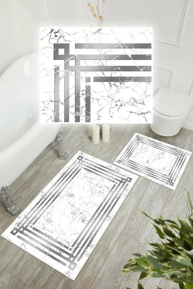 Dijital Baskı Mermer Desen Kaymaz Taban 2li Set Banyo Paspası Klozet Takımı (50x60cm-60x100cm) Gri Tek Ebat - Resim 3