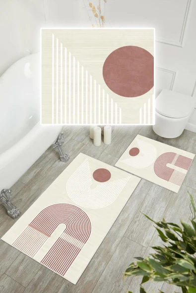 Dijital Baskı Modern Kaymaz Taban 2li Set Banyo Paspası Klozet Takımı (50x60cm-60x100cm) Pembe Tek Ebat - Resim 3