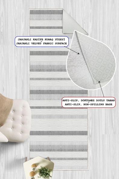 Dijital Baskılı Dekoratif Kaymaz Taban Yıkanabilir Çizgisel Desen Yolluk Antre Hol Halısı Salon Halısı 200 x 290 cm Gri - 1