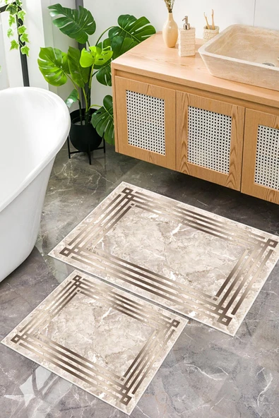 Dijital Baskı Mermer Desen Kaymaz Taban 2li Set Banyo Paspası Klozet Takımı (50x60cm-60x100cm) Kahverengi Tek Ebat ürün görseli