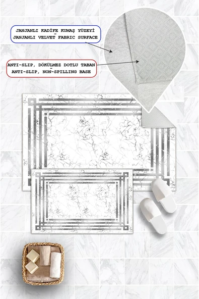 Dijital Baskı Mermer Desen Kaymaz Taban 2li Set Banyo Paspası Klozet Takımı (50x60cm-60x100cm) Gri Tek Ebat - Resim 2
