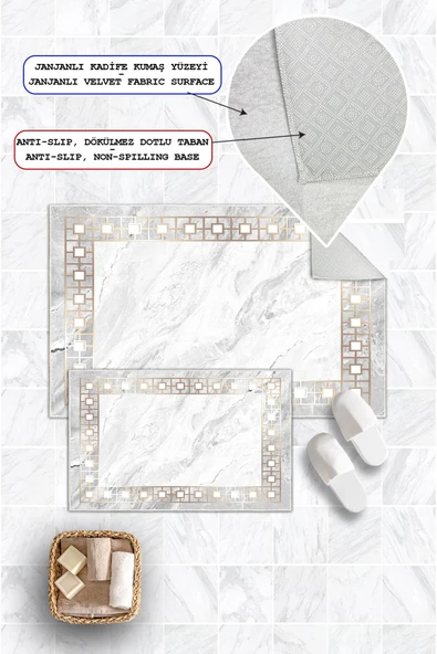 Dijital Baskı Klasik Kaymaz Taban 2li Set Banyo Paspası Klozet Takımı (50x60cm-60x100cm) Gri Tek Ebat - Resim 2