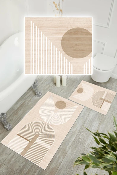 Dijital Baskı Modern Kaymaz Taban 2li Set Banyo Paspası Klozet Takımı (50x60cm-60x100cm) Krem Tek Ebat - Resim 2
