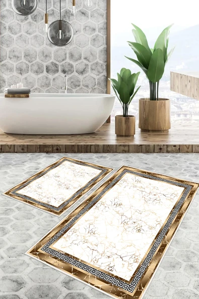 Dijital Baskı Çerçeveli Kaymaz Taban 2li Set Banyo Paspası Klozet Takımı (50x60cm-60x100cm) Gold Tek Ebat ürün görseli