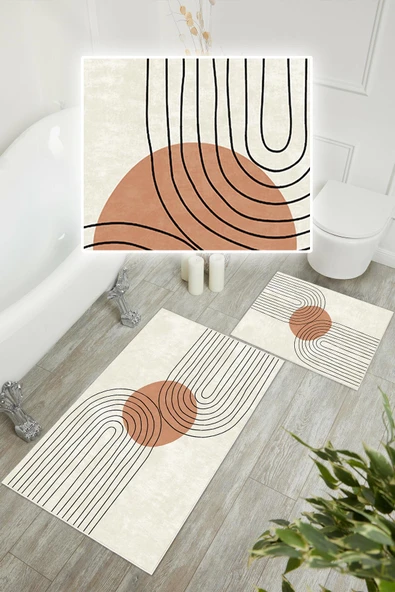 Dijital Baskı Art Serisi Kaymaz Taban 2li Set Banyo Paspası Klozet Takımı (50x60cm-60x100cm) Krem Tek Ebat - Resim 4