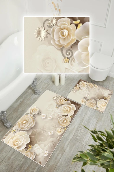 Dijital Baskı Gül Desen Kaymaz Taban 2li Set Banyo Paspası Klozet Takımı (50x60cm-60x100cm) Krem Tek Ebat - Resim 3
