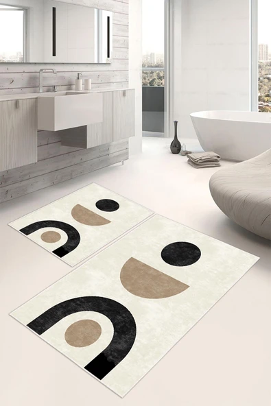Dijital Baskı Art Serisi Kaymaz Taban 2li Set Banyo Paspası Klozet Takımı (50x60cm-60x100cm) Krem Tek Ebat ürün görseli