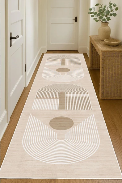 Dijital Baskılı Dekoratif Kaymaz Taban Yıkanabilir Modern Yolluk Antre Hol Halısı Salon Halısı 100 x 400 cm Krem ürün görseli