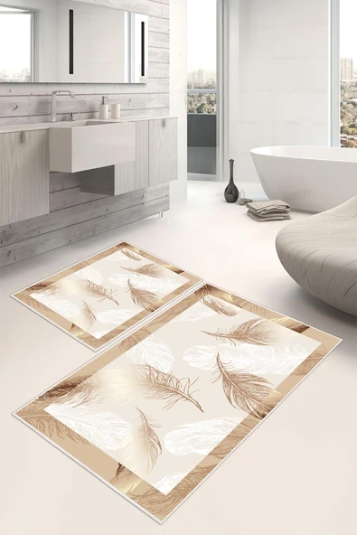 Dijital Baskı Tüy Desen Kaymaz Taban 2li Set Banyo Paspası Klozet Takımı (50x60cm-60x100cm) Krem Tek Ebat ürün görseli