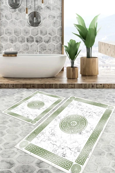 Dijital Baskı Mermer Desen Kaymaz Taban 2li Set Banyo Paspası Klozet Takımı (50x60cm-60x100cm) Yeşil Tek Ebat ürün görseli