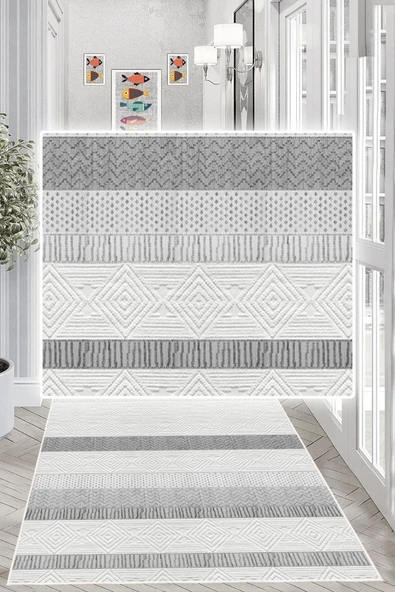 Dijital Baskılı Dekoratif Kaymaz Taban Yıkanabilir Çizgisel Desen Yolluk Antre Hol Halısı Salon Halısı 200 x 290 cm Gri - 3