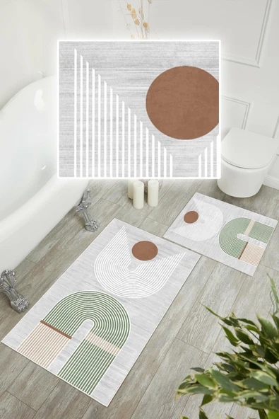 Dijital Baskı Modern Kaymaz Taban 2li Set Banyo Paspası Klozet Takımı (50x60cm-60x100cm) Yeşil Tek Ebat - Resim 3