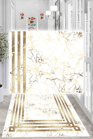 Dijital Baskılı Dekoratif Kaymaz Taban Yıkanabilir Çerceveli Yolluk Antre Hol Halısı Salon Halısı 160 x 200 cm Gold - 3
