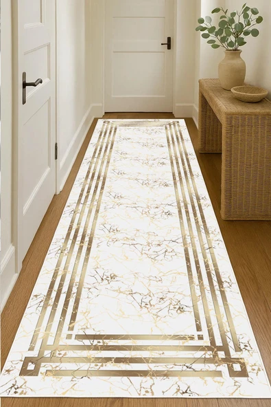 Dijital Baskılı Dekoratif Kaymaz Taban Yıkanabilir Çerceveli Yolluk Antre Hol Halısı Salon Halısı 100 x 300 cm Gold ürün görseli